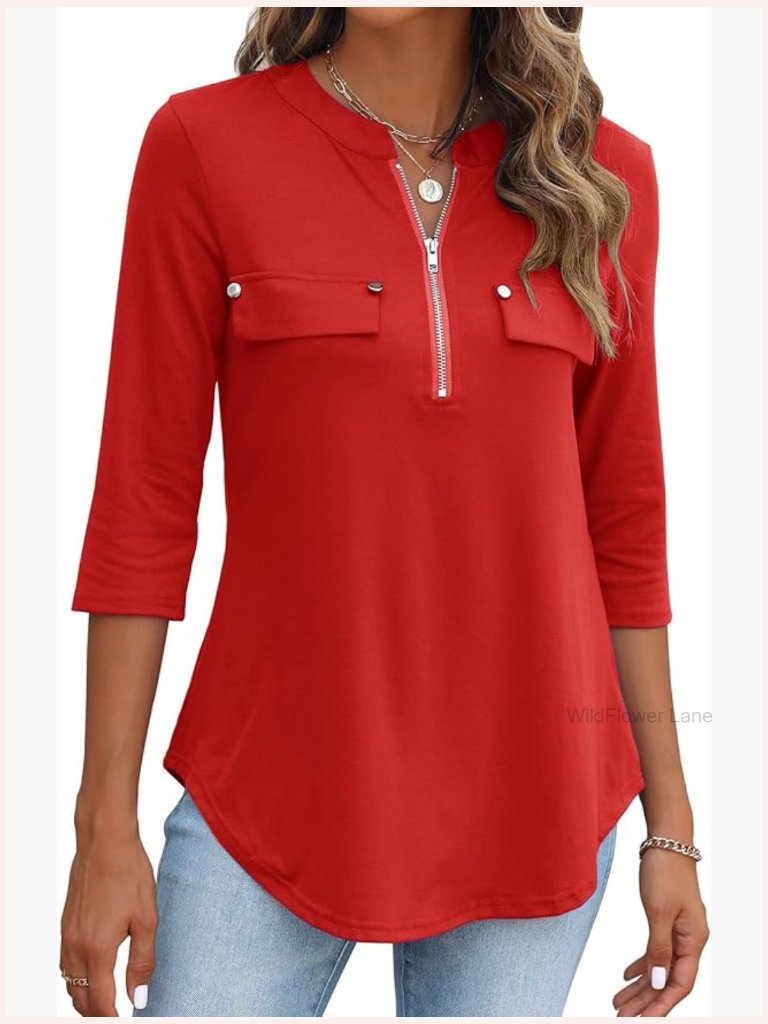 3/4 Sleeve V Neck Flowy Tunic Blouse Work Top With Zippers